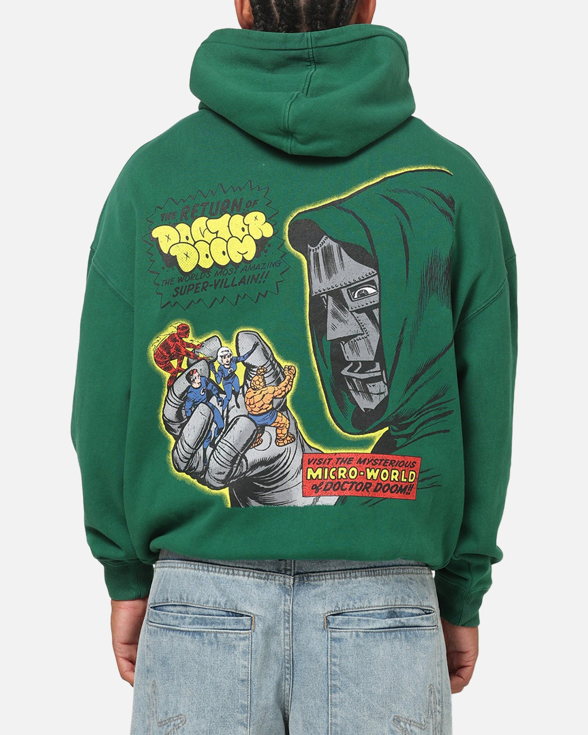Printed Graphic Pullover Hoodie with Dropped Shoulders and Kangaroo Pocket, Forest Green