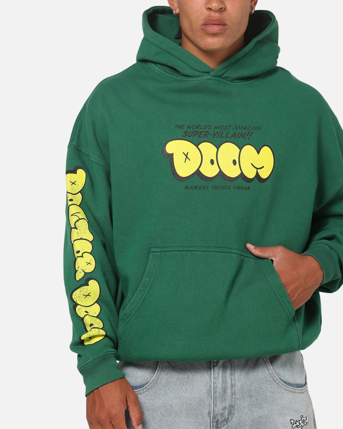 Printed Graphic Pullover Hoodie with Dropped Shoulders and Kangaroo Pocket, Forest Green