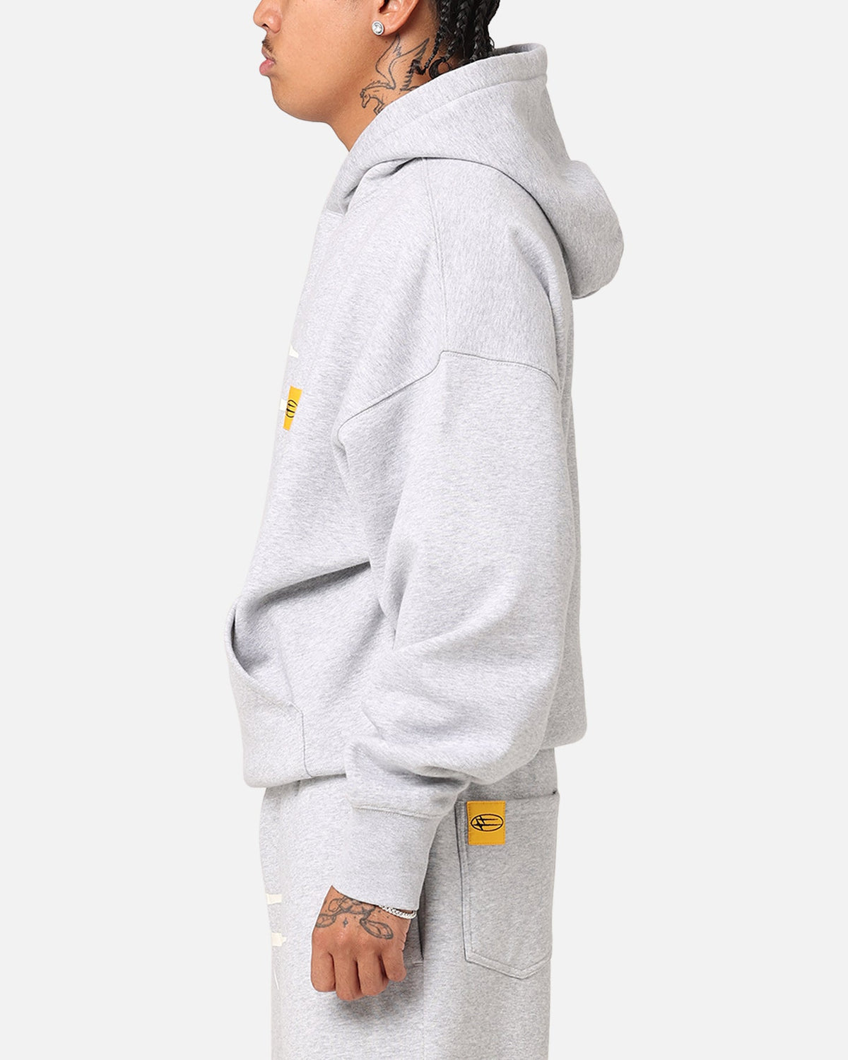Hooded Sweatshirt with Printed Graphics and Embroidered Sleeve Accents, Gray Marle