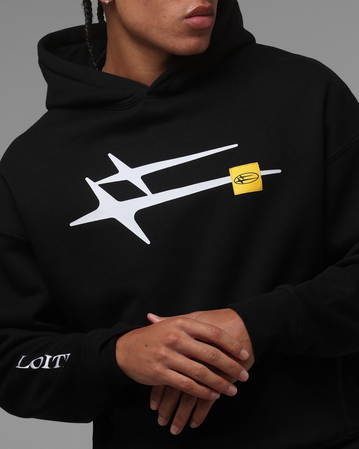 Black Pullover Hoodie with Printed Graphics and Embroidered Accents, Dropped Shoulder Design