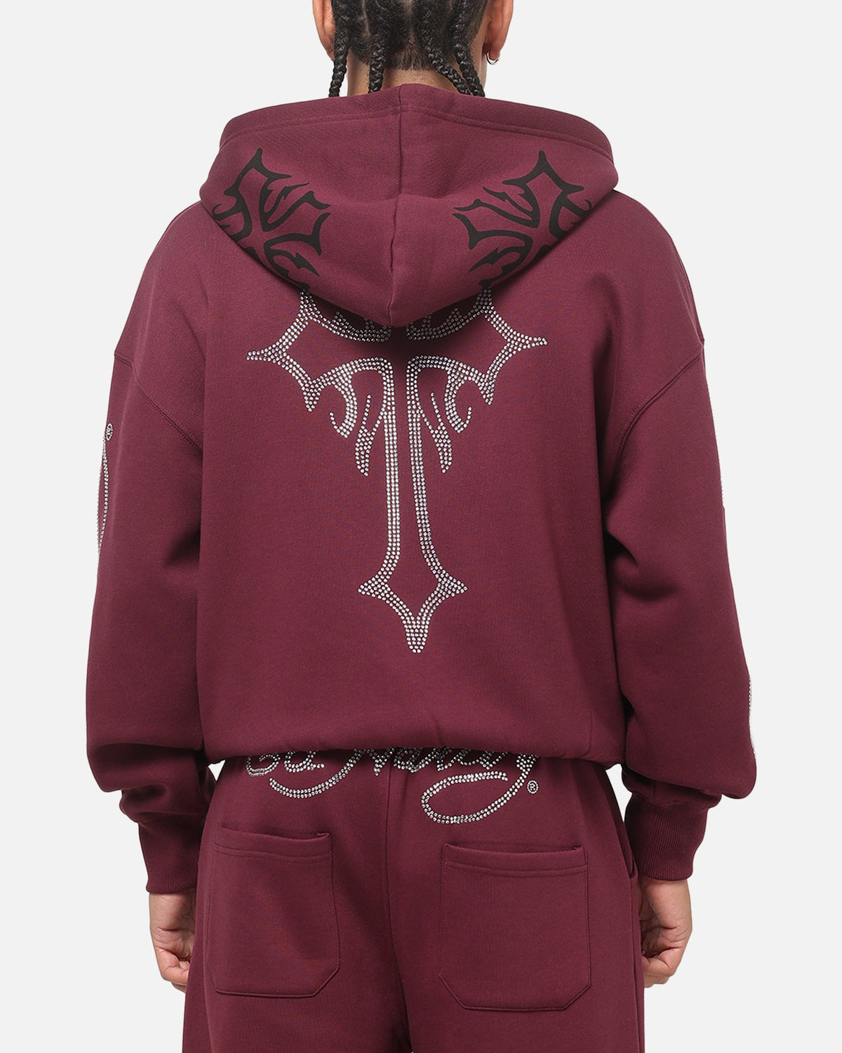 Embroidered Rhinestone Zip Hoodie with Brushed Fleece and Oversized Fit, Plum