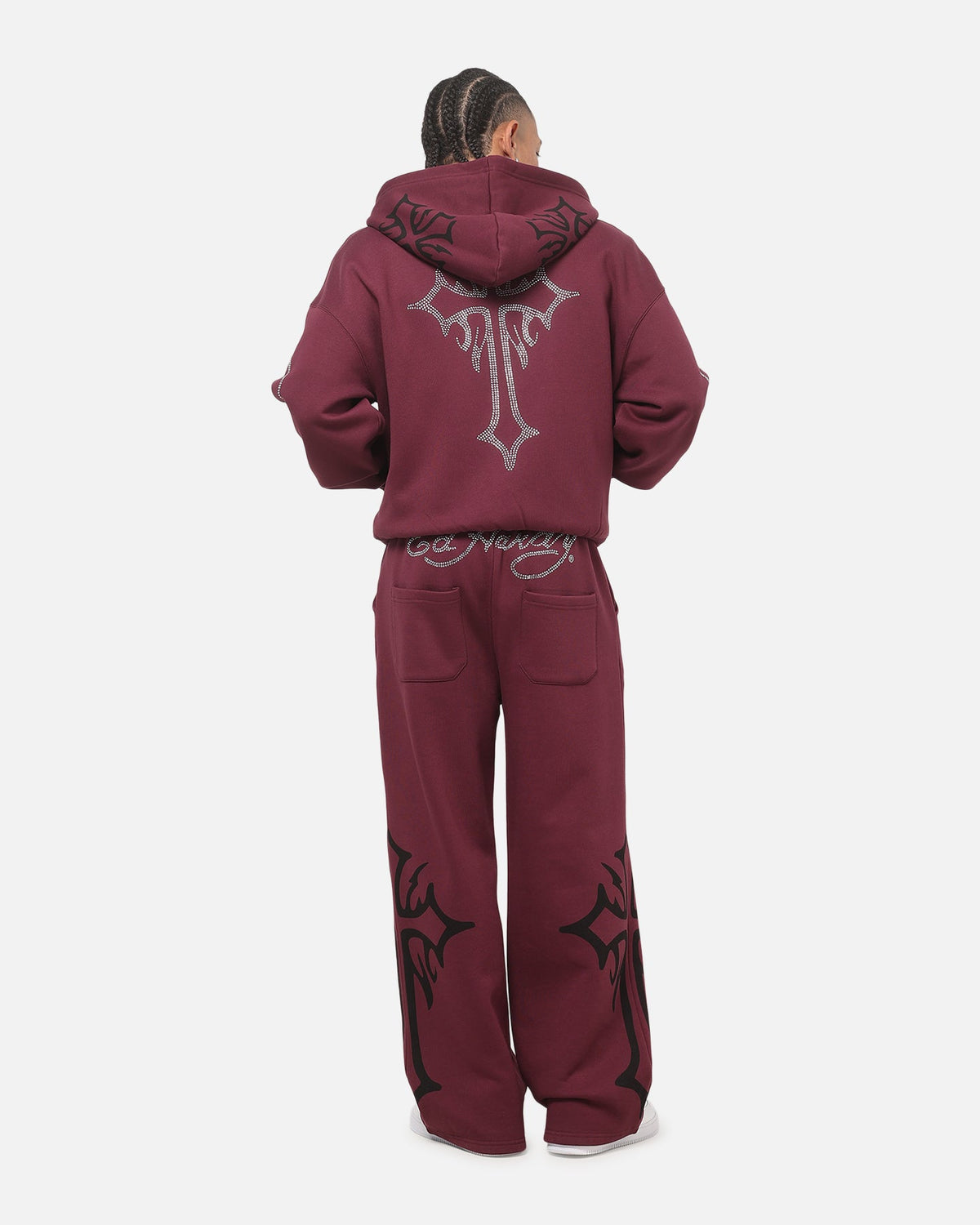 Embroidered Rhinestone Zip Hoodie with Brushed Fleece and Oversized Fit, Plum