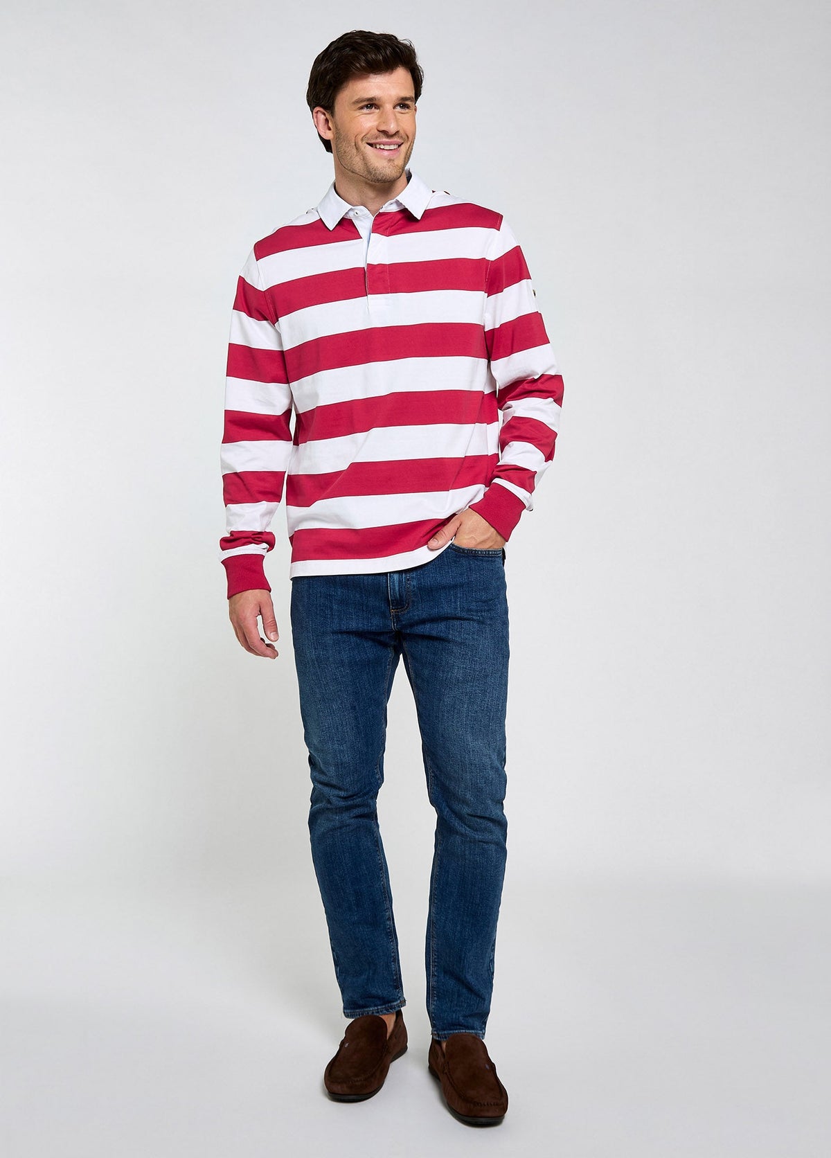 Striped Cotton Rugby Top with Jersey Knit Collar