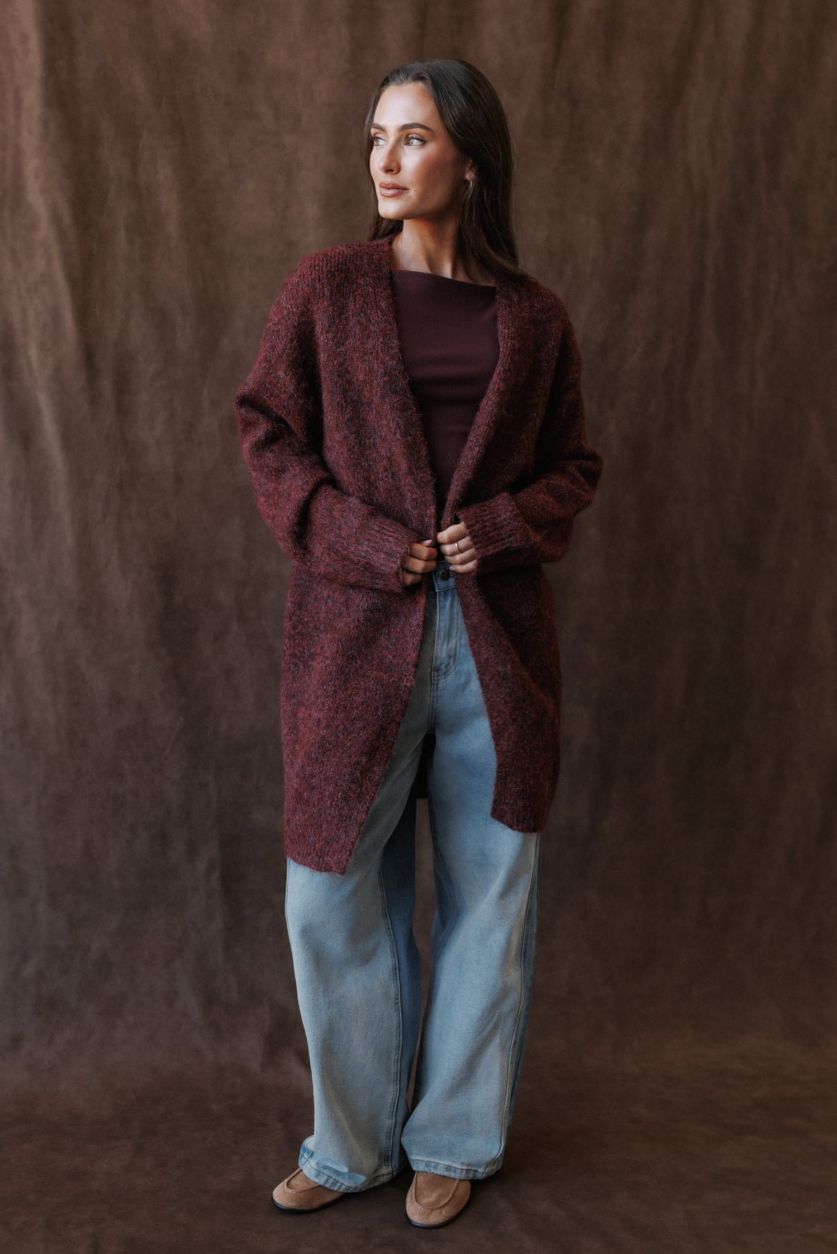 KNITWEAR Freya Long Line Cardigan - Burgundy