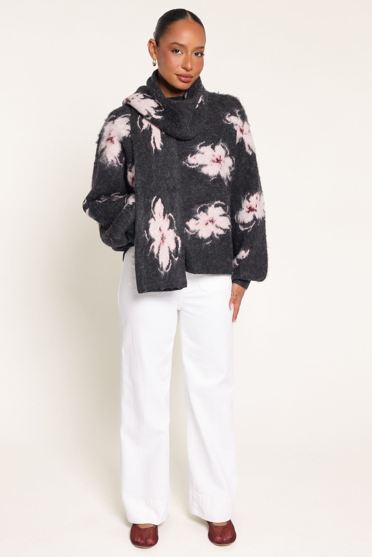 KNITWEAR Garetta Scarf Sweater - Charcoal Pink Floral