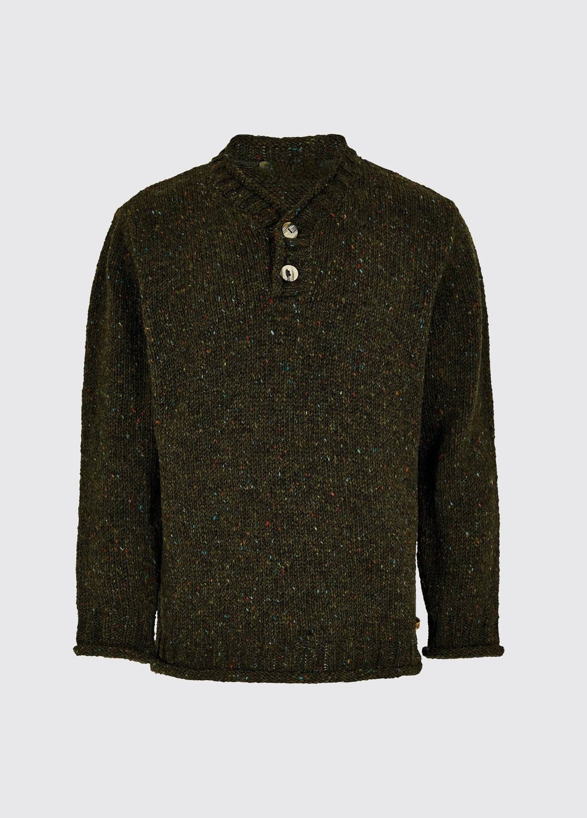 V-Neck Wool Sweater with Horn Buttons and Fleck Pattern, Olive
