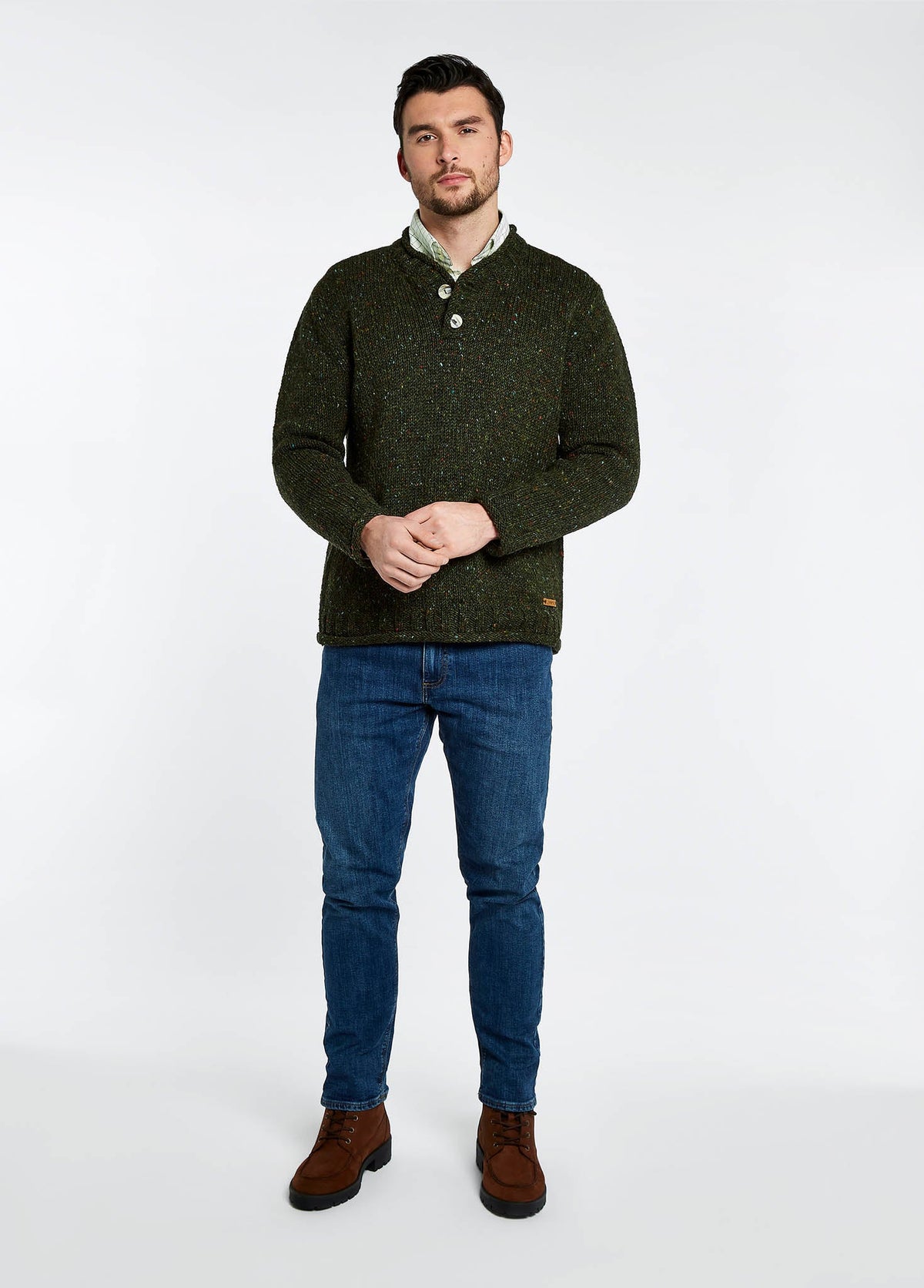 V-Neck Wool Sweater with Horn Buttons and Fleck Pattern, Olive