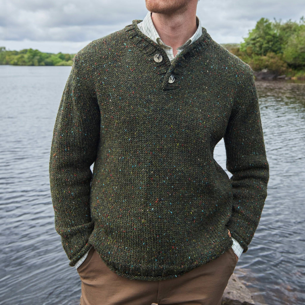 V-Neck Wool Sweater with Horn Buttons and Fleck Pattern, Olive