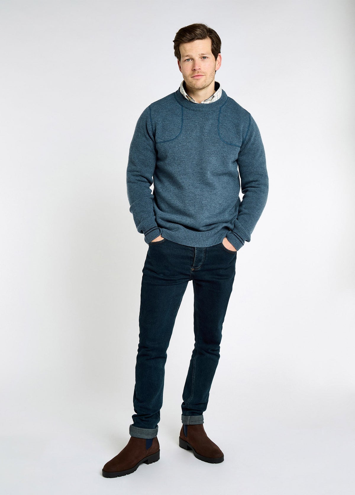 Wool Blend Crewneck Sweater with Military-Inspired Shoulder Detail and Contrast Tipping