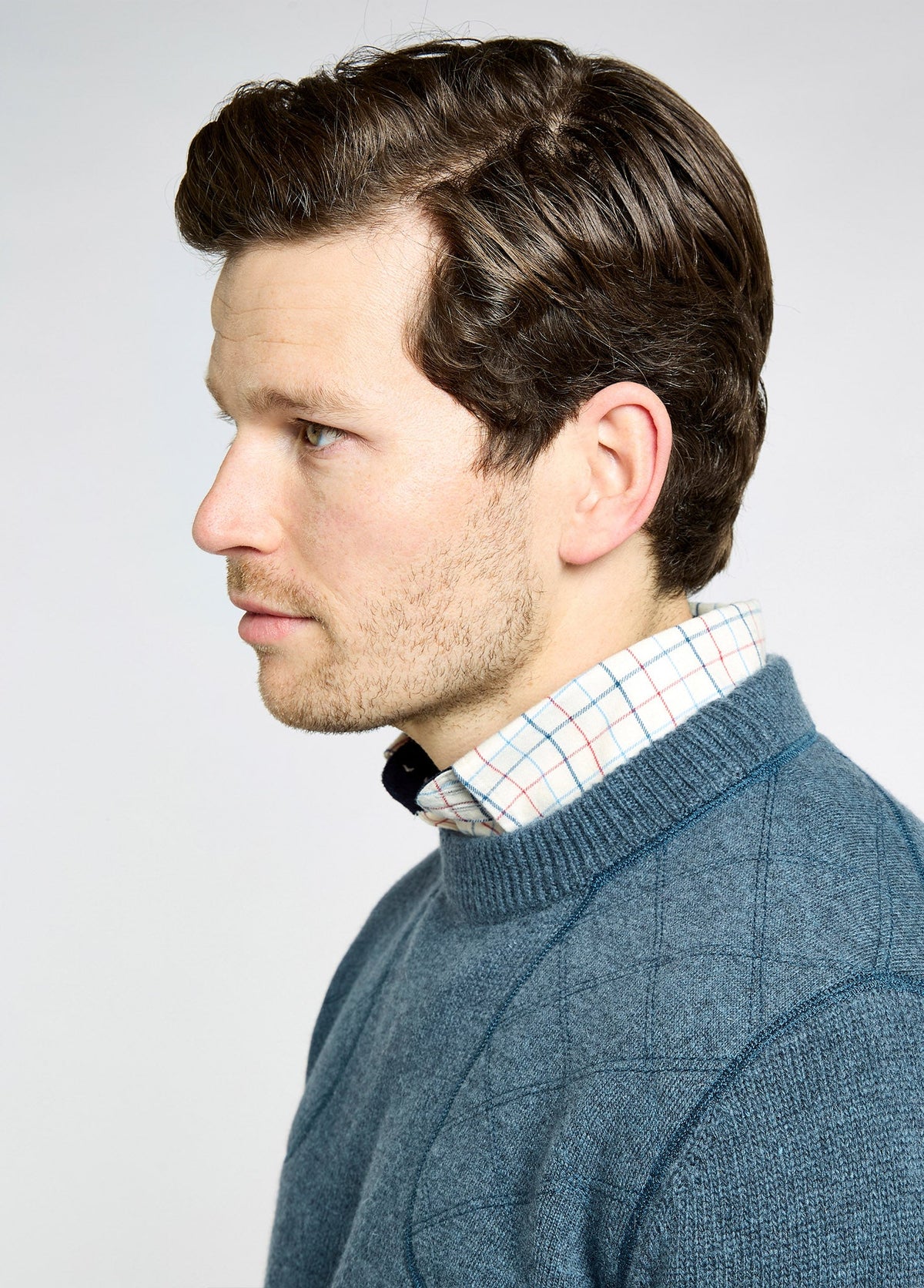 Wool Blend Crewneck Sweater with Military-Inspired Shoulder Detail and Contrast Tipping