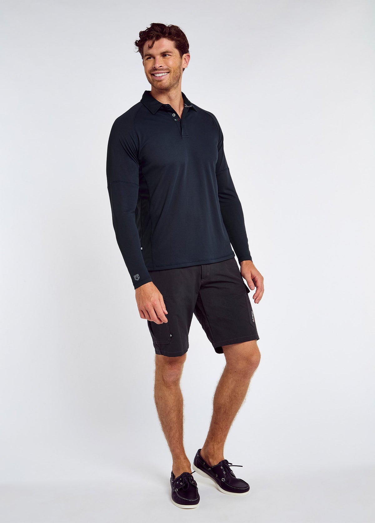 Men's Long-Sleeve Polo with Moisture-Wicking Fabric and UPF-50 Protection, Sunglasses Holder