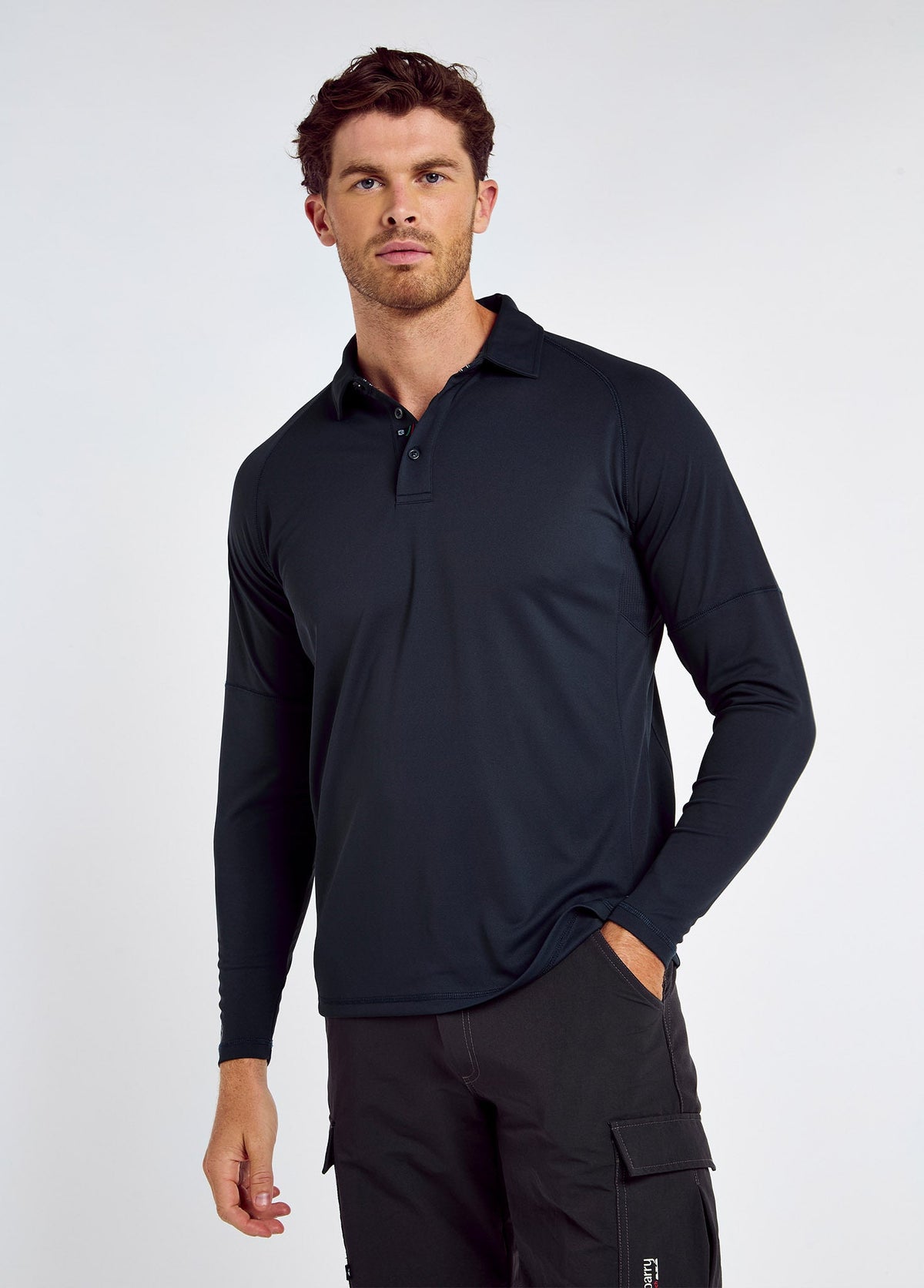 Men's Long-Sleeve Polo with Moisture-Wicking Fabric and UPF-50 Protection, Sunglasses Holder