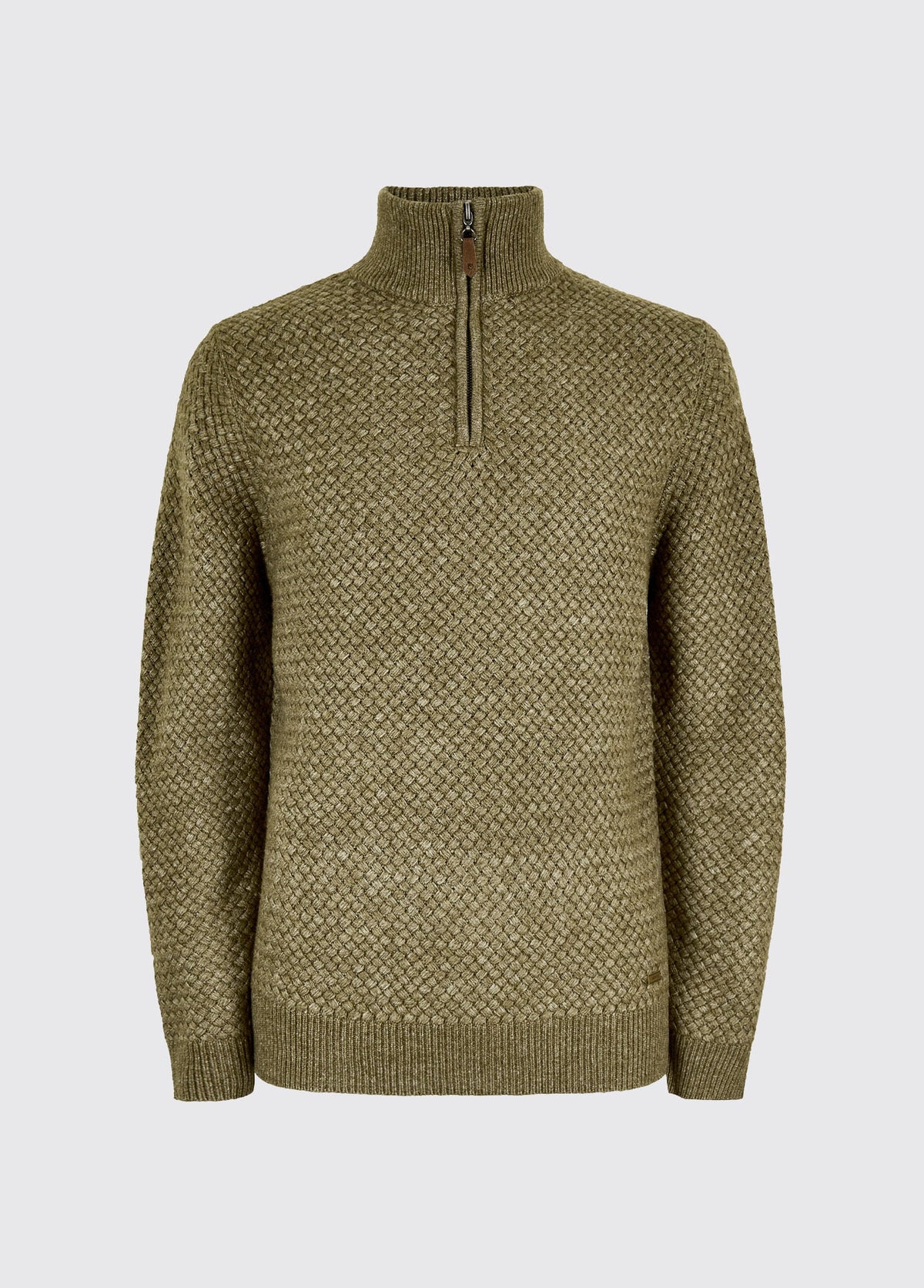 Men's Basket Weave Sweater with Zip Neck in Dusky Green